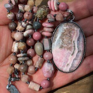 Rhodochrosite Beaded Pendant Necklace, Jewelry for Her